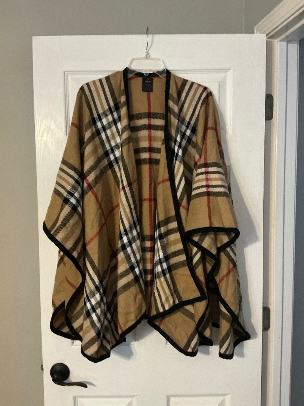 V. Frass, one size, tan, black, white, red stripped poncho